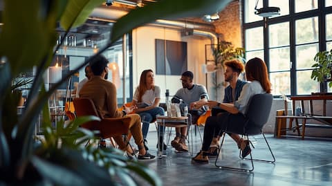 Casual business meeting in a modern office with natural light and plants, showing a group of people collaborating and discussing ideas.